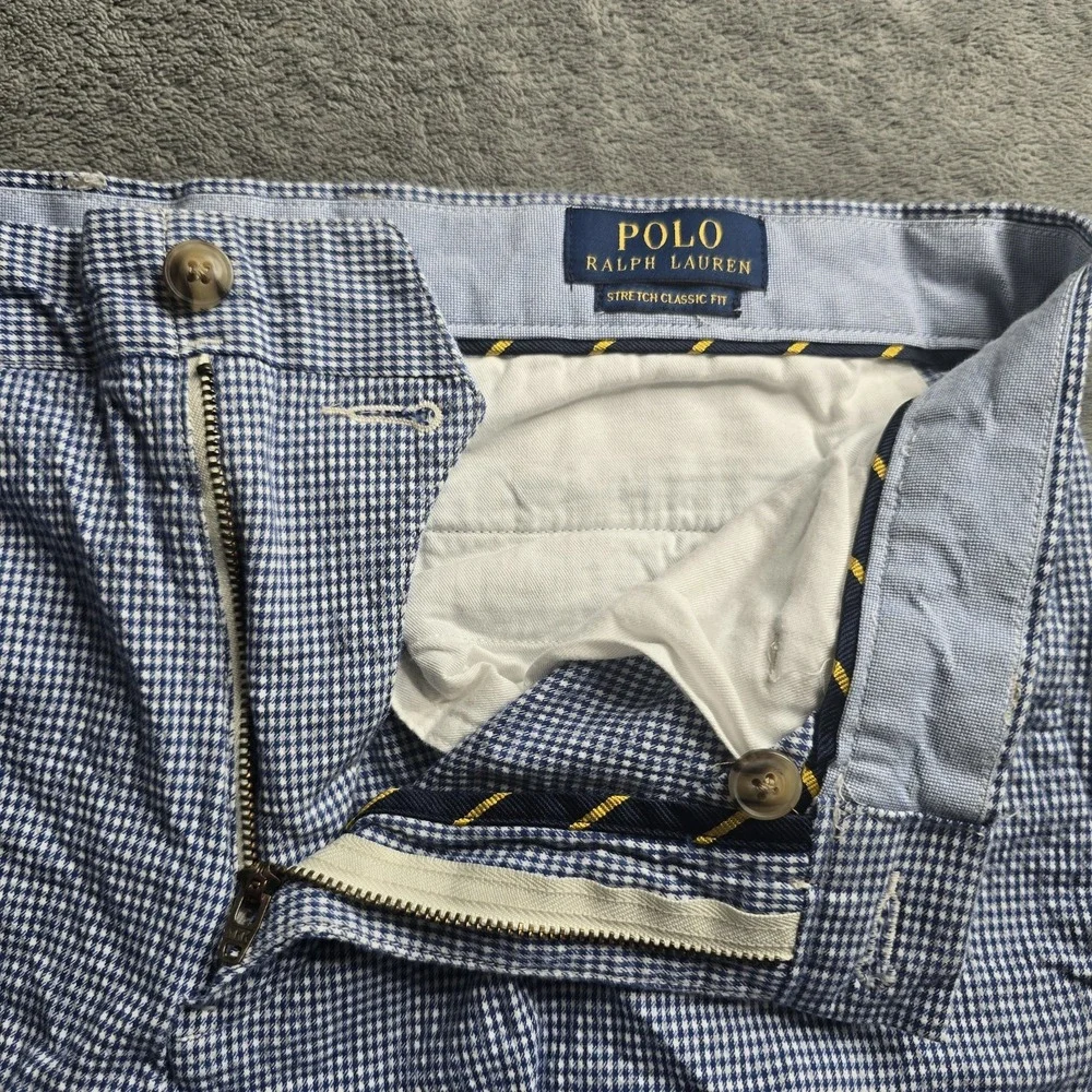 Polo Ralph Lauren Shorts Men 30 (32) Blue White Check Stretch Classic Flesh Pony